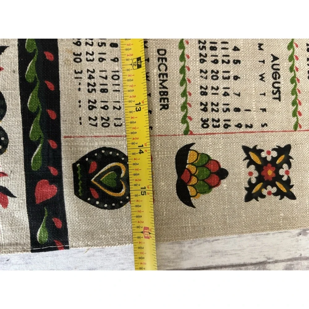 1969 Vintage MCM Linen Calendar Tea Towel Wall Hanging Dutch Folk Art